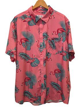 Hurley Pink Flamingo Print Hawaiian Button-Up Short Sleeve Shirt Men's XXL